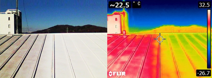 TJMデザイン秩父工場の屋根を塗装。塗装前と塗装後の温度差のサーモグラフィー写真
